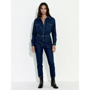 Women Denim Jean Romper Jumpsuit  Pull Bear Long Sleve 100 Cotton Dark Pantsuit
